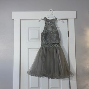 Silver halter neck sequenced Semi-formal dress with ruffles on the bottom